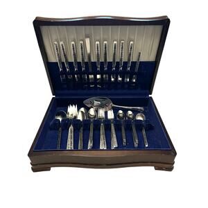 Vintage GORHAM STAINLESS STEEL Flatware Set In Wood VELVET LINED CASE 63 Pieces